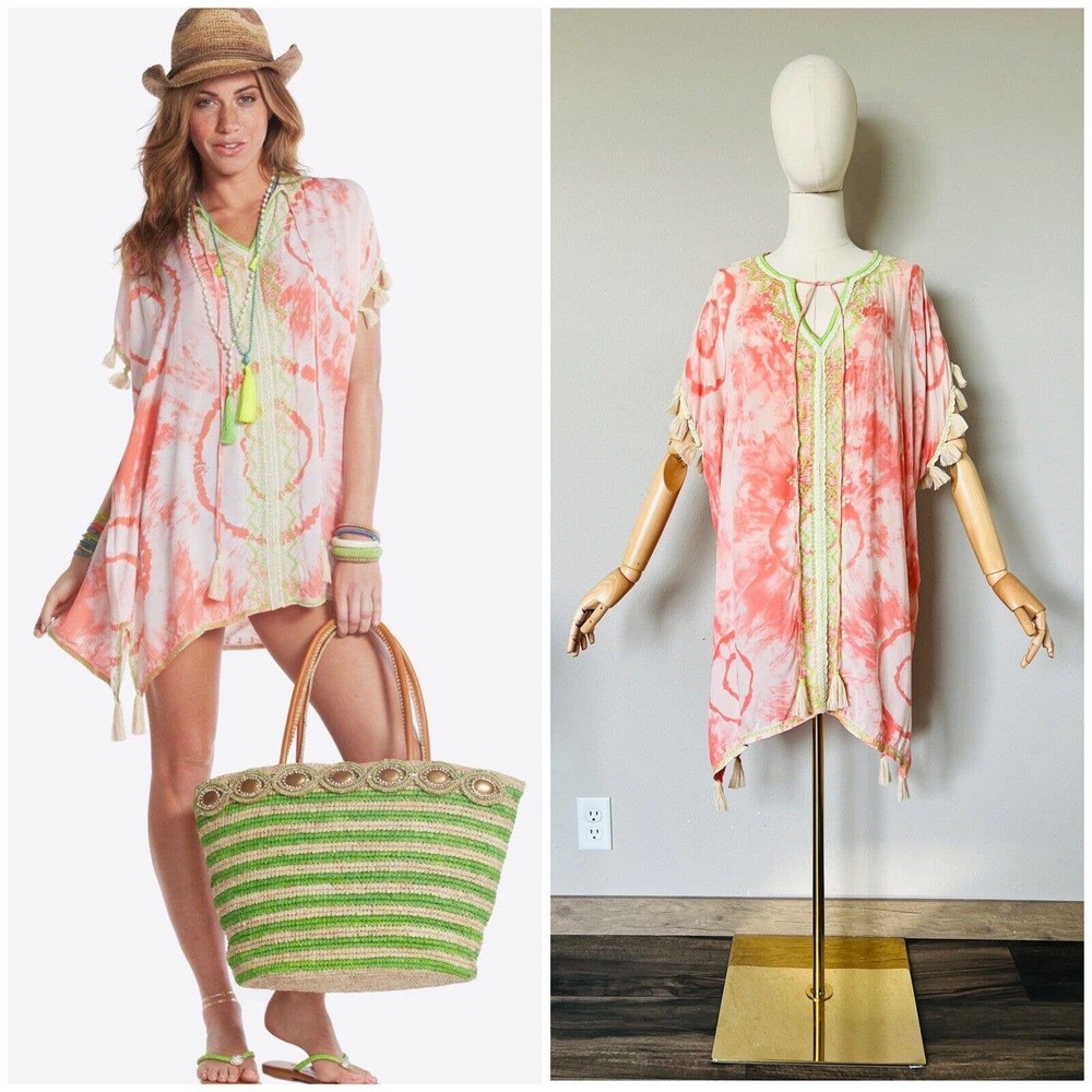 SKEMO Sz Large Tie Dye Jelly Kaftan Tunic Cover Up Coral Green Tassel Embroidery